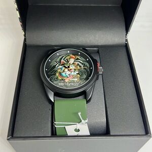 Ed Hardy Men’s Skull Print Dial Matte Olive Silicone Strap Analog Watch …